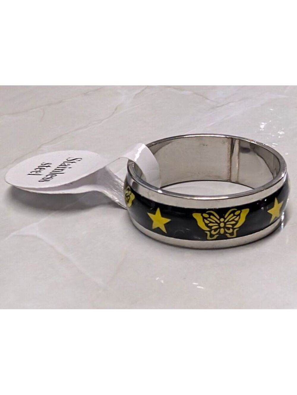 New Stainless Steel Ring Size 9 Black Band Butterfly Star Yellow Silver Tone